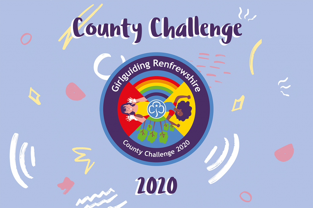 County Challenge Badge surrounded with doodles. Text: County Challenge 2020
